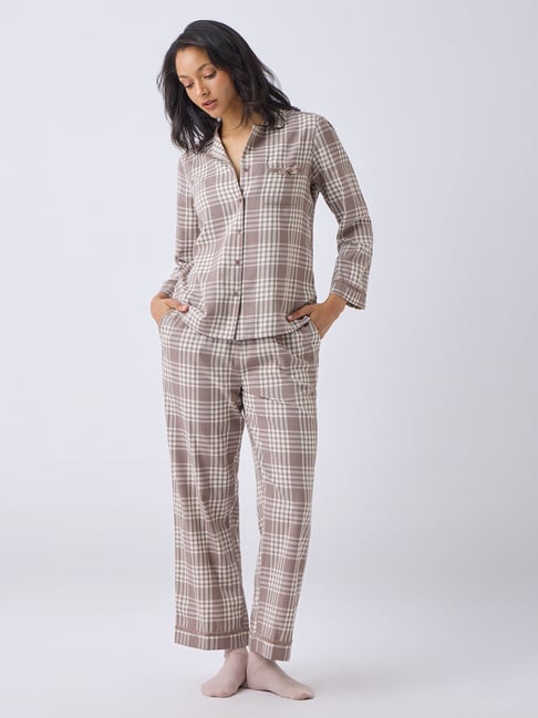 Wunderlove by Westside Dusty Brown Cotton-Blend Shirt and Pyjamas Set