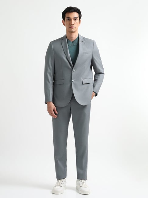 Arrow Silver Grey Regular Fit Self Pattern Two Piece Suit
