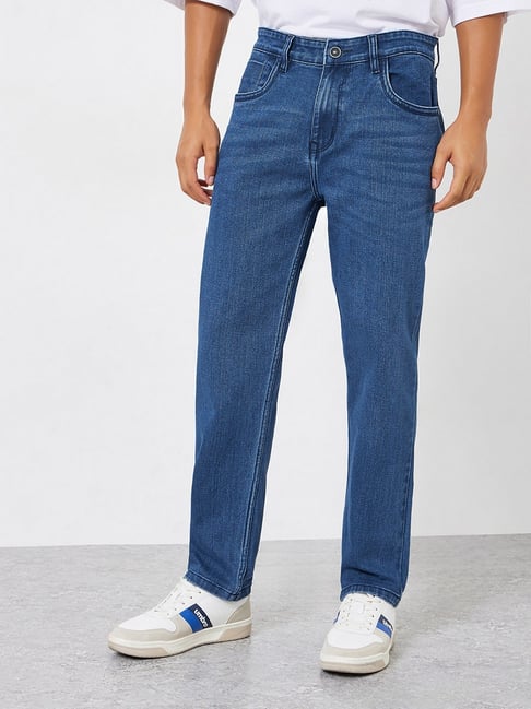 Styli Navy Blue Cotton Solid Mid Rise Regular Fit Jeans-image-43