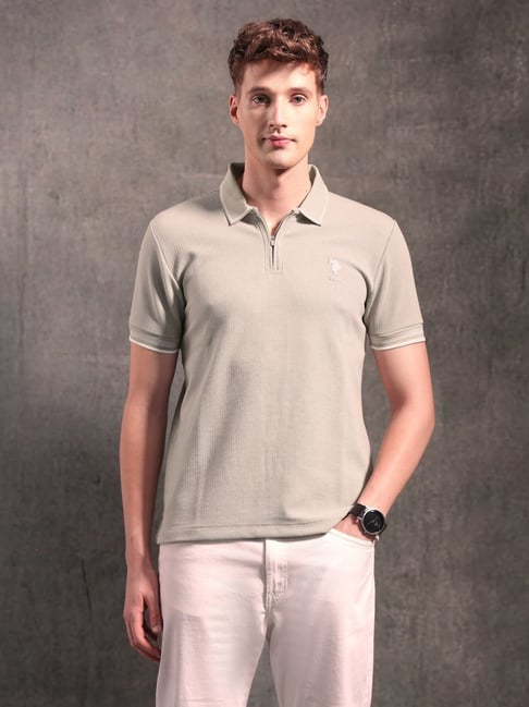 U.S. Polo Assn. Denim Co. Beige Regular Fit Self Pattern Polo T-Shirt-picture-32