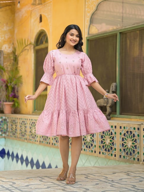 pink fit and flare dress with sleeves Long Sleeve Pleated Fit And Flare Dress - Blossom