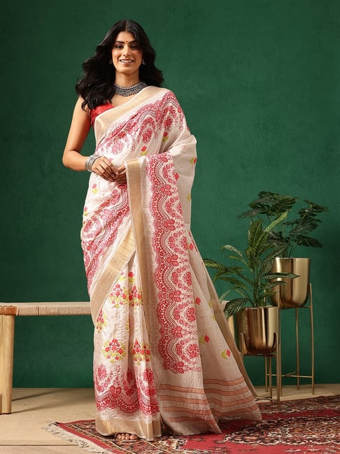 Silk Land Off White Silk Printed Saree With Unstitched Blouse-picture-12