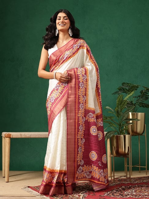 Silk Land Off White Silk Printed Saree With Unstitched Blouse-picture-11