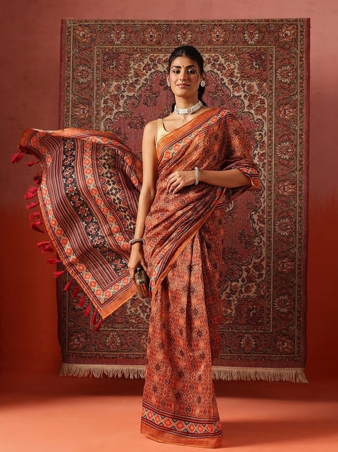 Silk Land Brown Printed Saree With Unstitched Blouse-image-30