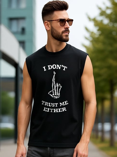 Bewakoof Men's Jet Black Trust Me Graphic Printed Boxy Fit Vest