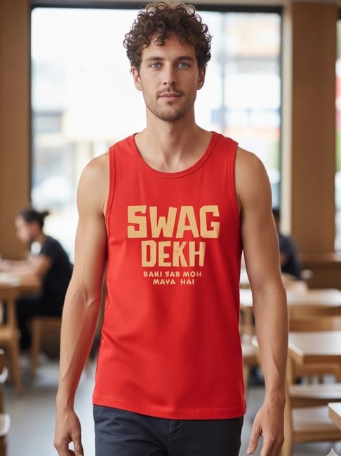 Bewakoof Men's Bold Red Swag Dekh Typography Vest