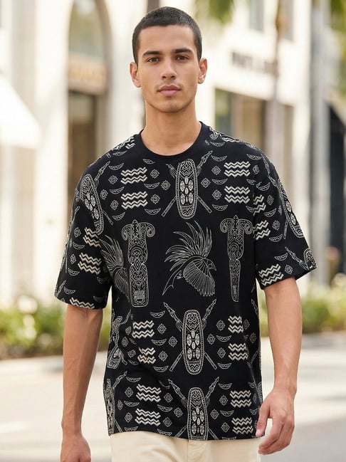Bewakoof Men's Black All Over Printed Oversized T-shirt