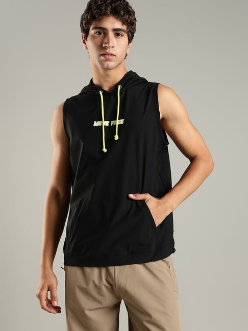 DOMIN8 Black Nylon Relaxed Fit Printed Hoodie with Kangaroo Pocket & Drawstring Waist-image-24