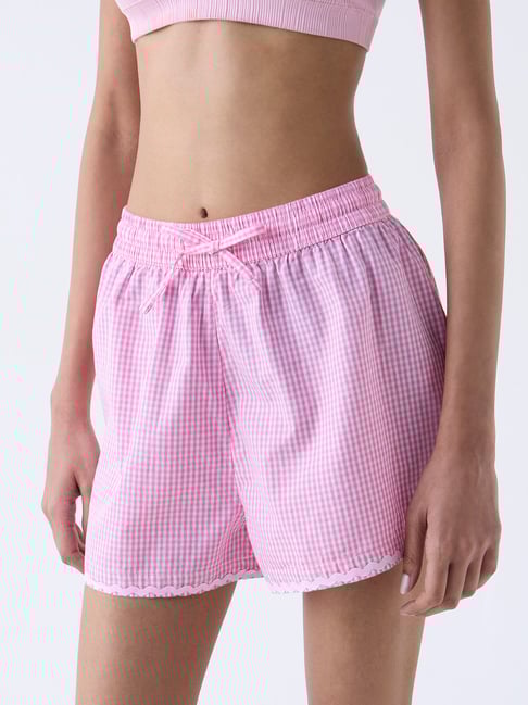 Superstar by Westside Pink Gingham Checkered High-Rise Cotton Shorts-picture-12