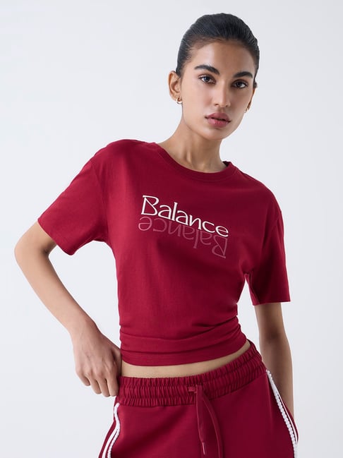 Studiofit by Westside Maroon Text Pattern Cotton T-Shirt