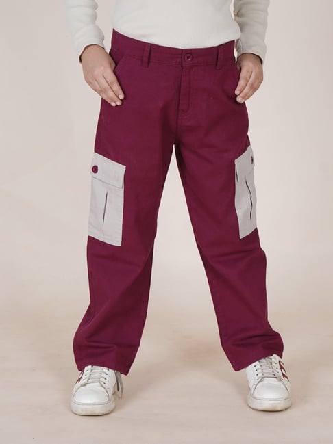 Kiddopanti Boys Maroon and Beige Regular Fit Cotton Cut N Sew Trousers