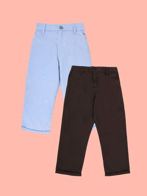 Kiddopanti Boys Blue and Green Regular Fit Cotton Trousers-Pack of 2