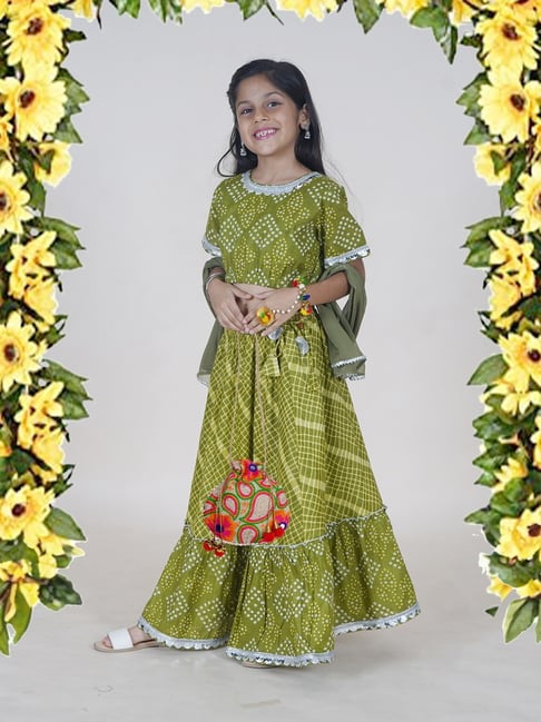 Kiddopanti Girls Multicolor Regular Fit Cotton Printed Lehenga Choli with Potli