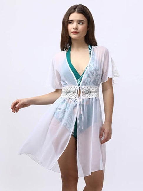 Soie Crocheted Half Sleeves White Sheer Robe Cover Up