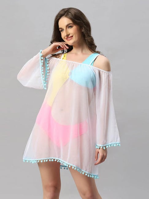 Soie Full Sleeves Off Shoulder Pom-Pom Cover Up Dress