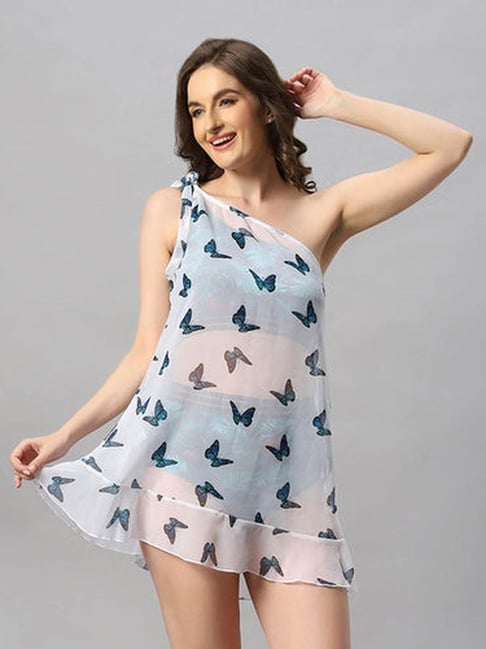 Soie One Shoulder Butterfly Print White Cover Up Dress