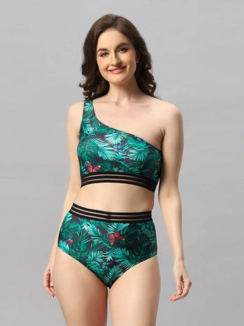 Soie One-shoulder Tropical Print Bikini Set Swimsuit