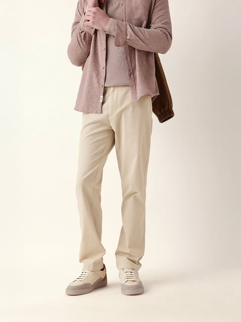 The Bear House Yellow Cotton Solid Mid Rise Regular Fit Trousers