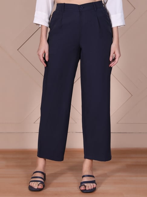 Elleven Navy Solid High Rise Ankle Length Wide Leg Boss Pants-image-28