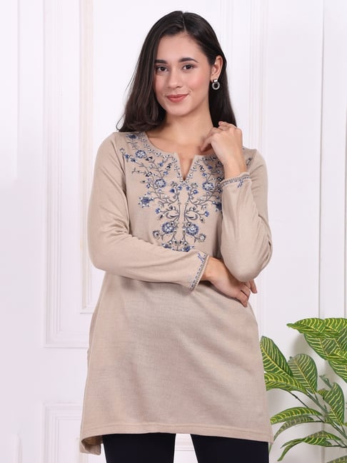 W Beige Embroidered Acrylic Straight Tunic-picture-36