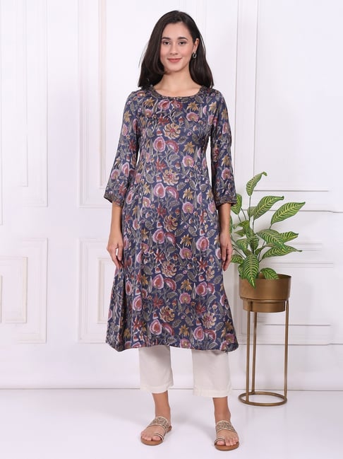 Folksong Navy Blue Floral Printed Beadwork Modal Satin A-line Kurta