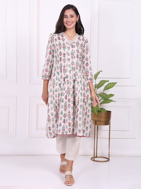 Folksong Off-White Floral Printed Thread Embroidered Pure Cotton Flared A-line Kurta
