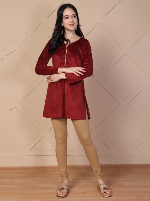Aurelia Maroon Solid Velvet Straight Kurti