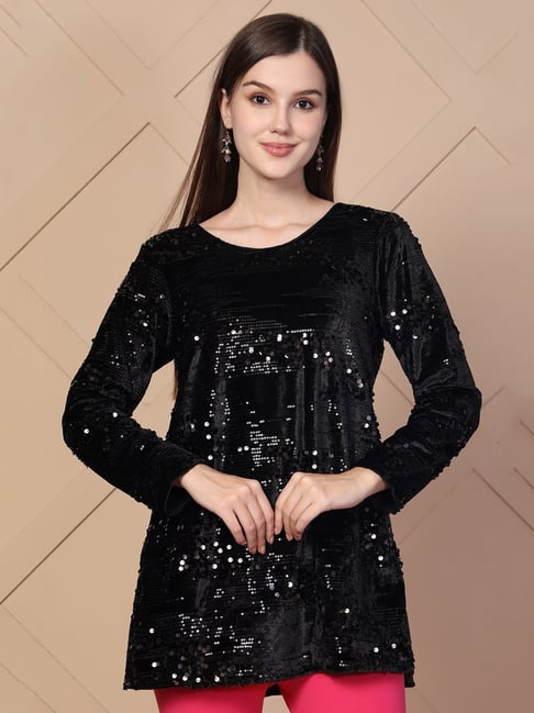 Aurelia Black Embellished Printed Sequins Velvet Sequence Straight Kurti