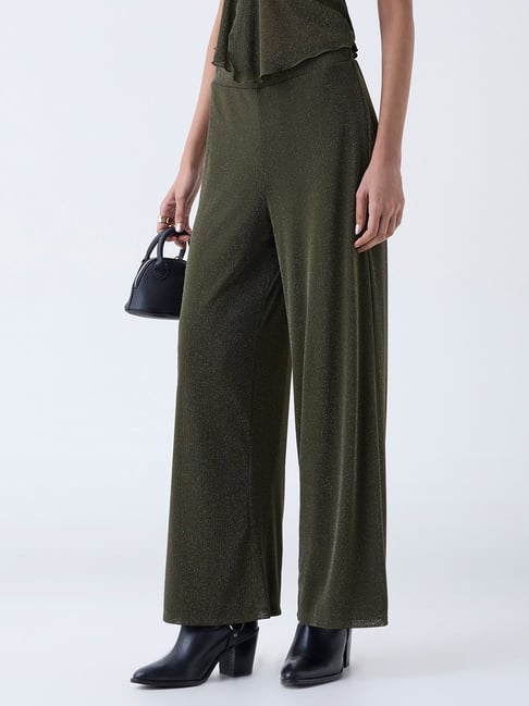 nuon women Nuon by Westside Olive Shimmer Detailed High-Rise Pants-picture-20