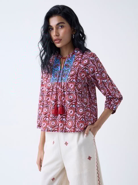 Bombay Paisley by Westside Red Foliage Printed Cotton Top