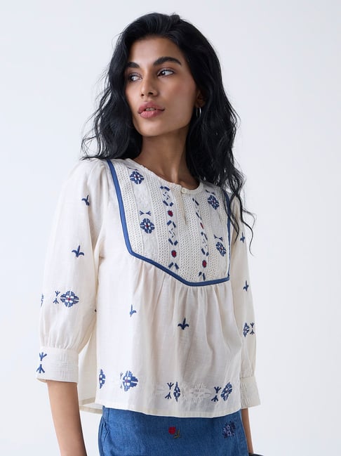 Bombay Paisley by Westside Off-White Embroidered Cotton Top