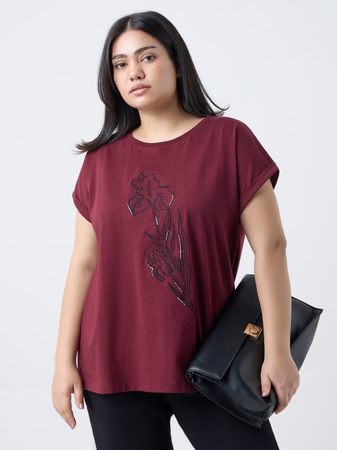 Gia by Westside Burgundy Floral Embroidered Cotton T-Shirt
