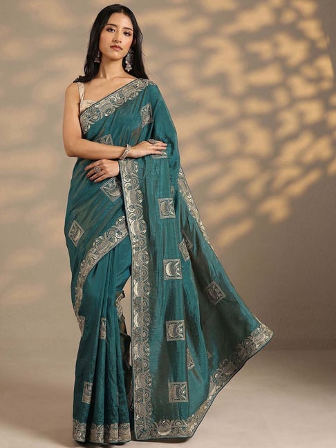Libas Blue Embroidered Saree With Unstitched Blouse-picture-10