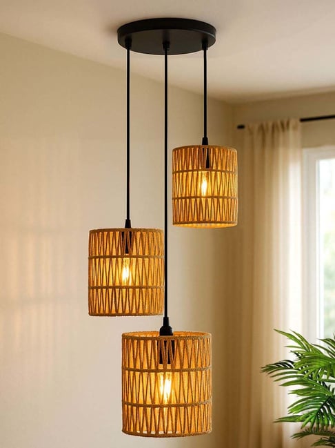 Homesake Beige Raffia Triple Boho Handwoven Jute Ceiling Lamp for Home D¿cor