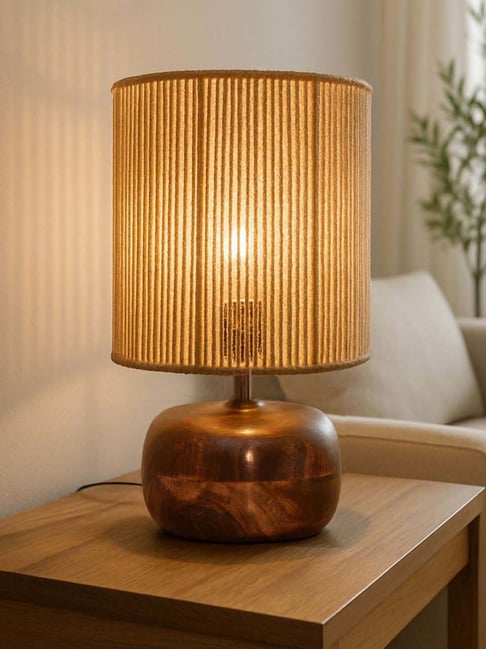 Homesake Beige Wood Natural Rope Table Lamp for Bedroom & Living Room