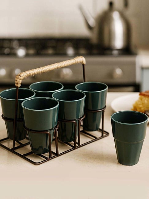 Homesake Green Tea Glasses with Metal Stand Set of 6 (120 ML)