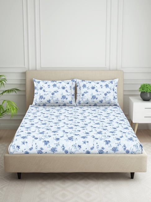 Welspun Harmony Light Blue Cotton 120 TC Floral Double Bedsheet with 2 Pillow Covers