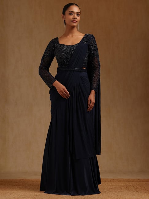 Soch Navy Blue Spandex Solid Ready To Wear Saree-picture-26