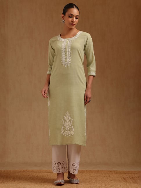 Soch Sap Green Rayon Slub Embroidered Kurta with Thread Work-picture-23