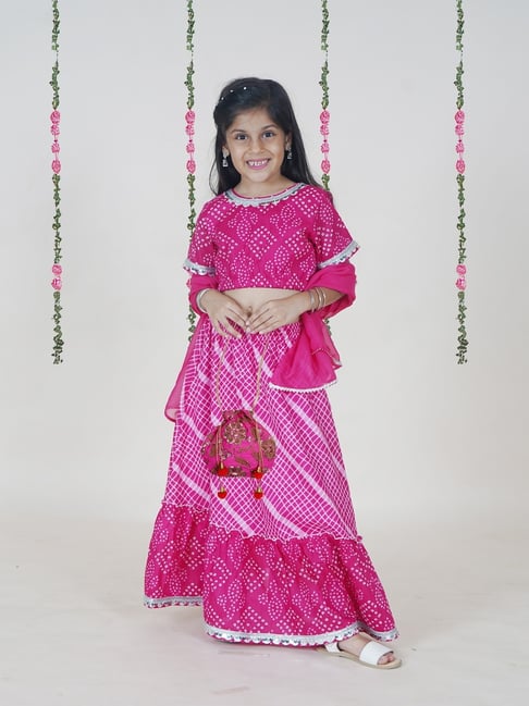 Kiddopanti Girls Pink Regular Fit Cotton Printed Lehenga Choli with Potli
