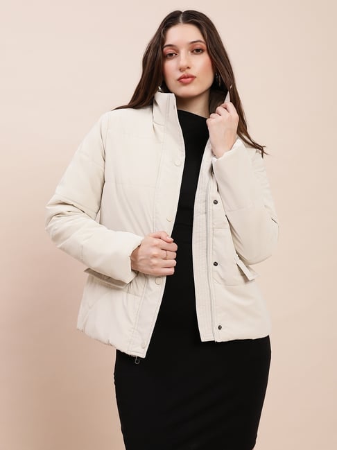 Globus Women Off-White High Neck Long Sleeves Front Zip 2 Pockets Winterwear Puffer Jacket-picture-38