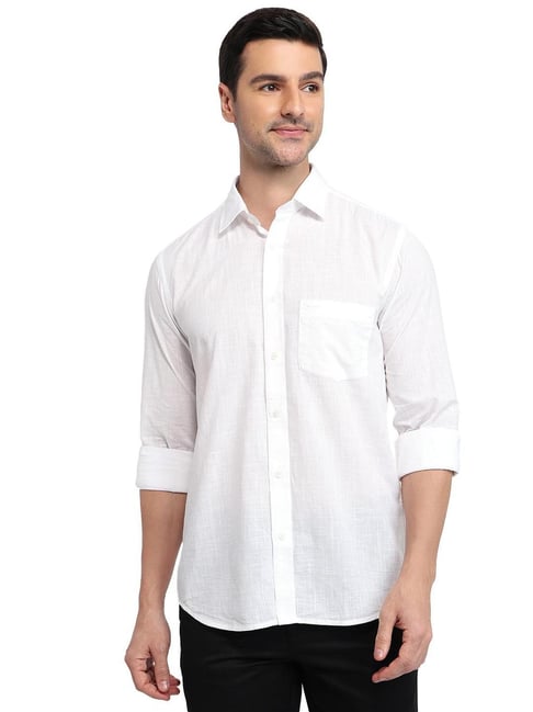 ColorPlus White Cotton Regular Fit Self Design Shirt