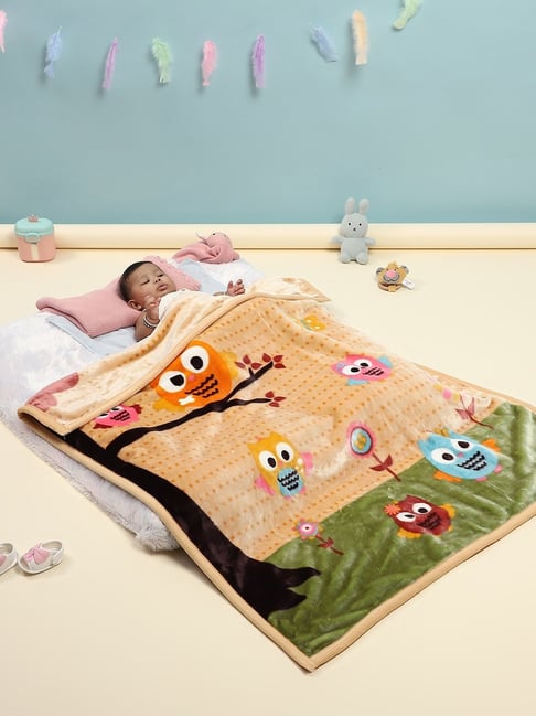 Monte Carlo Beige & Green Polyester 650 GSM Crib Printed Winter Baby Blanket