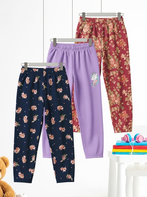 HELLCAT Girls Navy Blue,Lavender and Burgundy Regular Fit Printed Pajamas-Pack of 3-picture-38