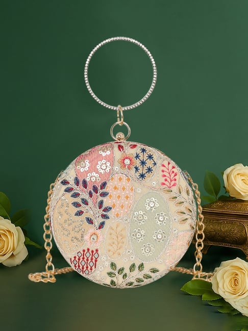 Esbeda Cream Blossom Embroidered Small Round Clutch