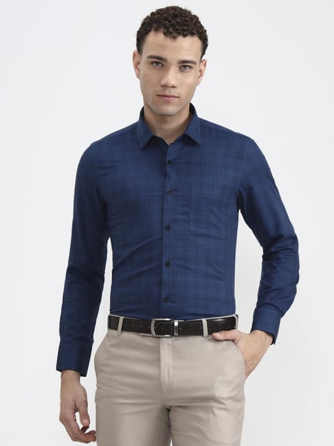 JadeBlue Navy Blue Cotton Slim Fit Checked Formal Shirt-picture-45