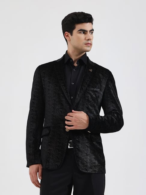 JB Studio Black Regular Fit Printed Blazer