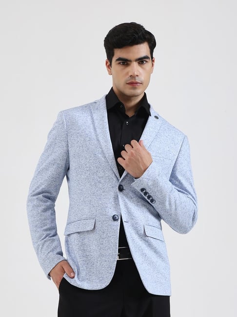 JB Studio Sky Blue Regular Fit Printed Blazer