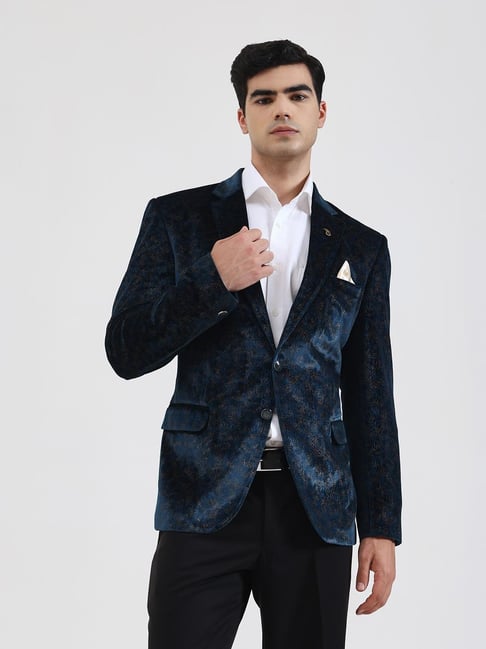 JB Studio Petrol Blue Regular Fit Solid Blazer