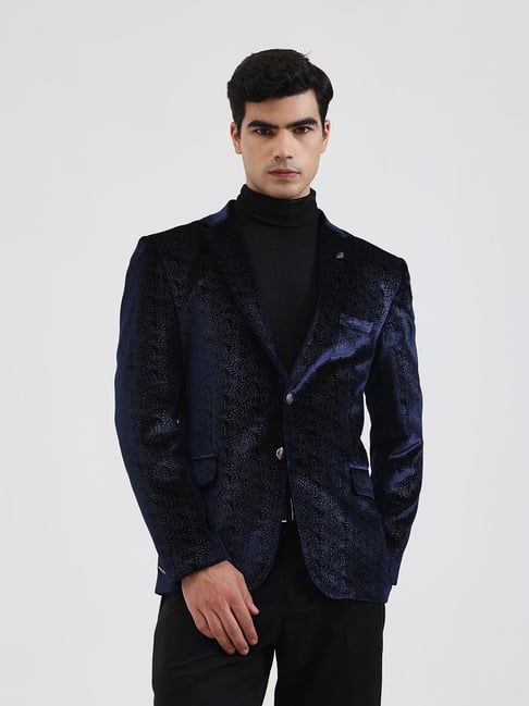 JB Studio Royal Blue Regular Fit Solid Blazer